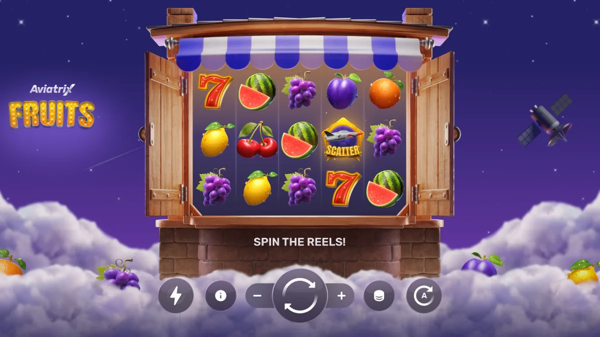 Interface do jogo Aviatrix Fruits mostrando a aeronave personalizada e símbolos clássicos