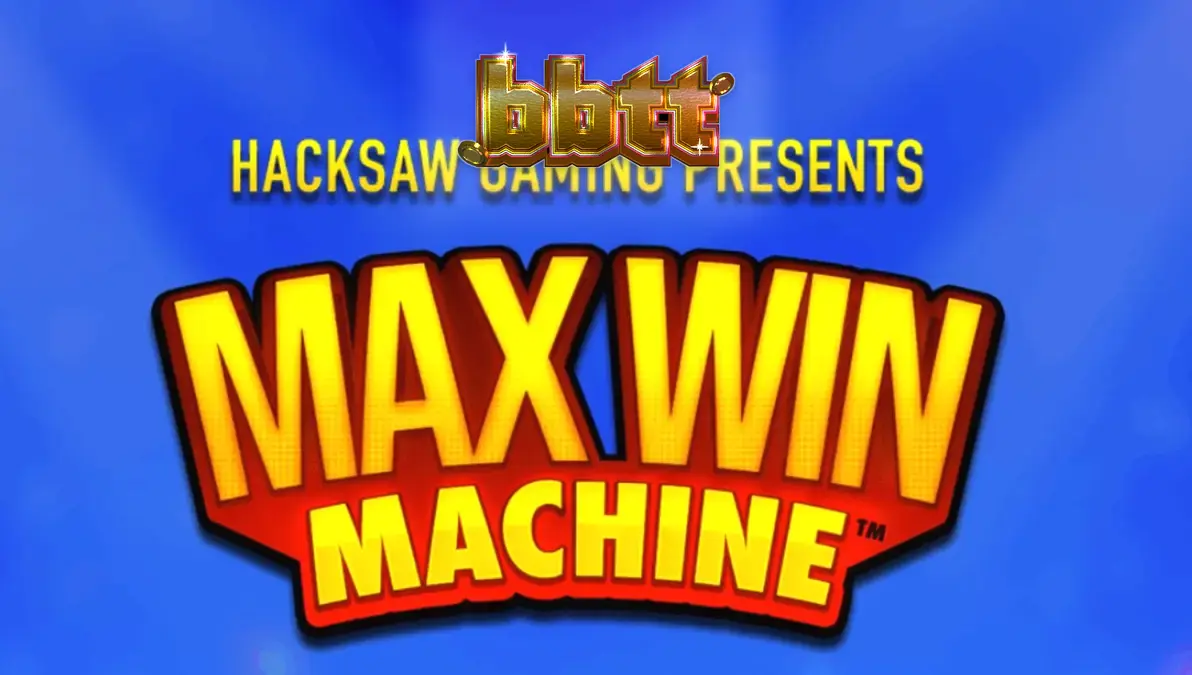Captura de tela do jogo Max Win Machine da Hacksaw Gaming, mostrando os rolos com símbolos de sete vermelhos vibrantes e o logotipo dourado.